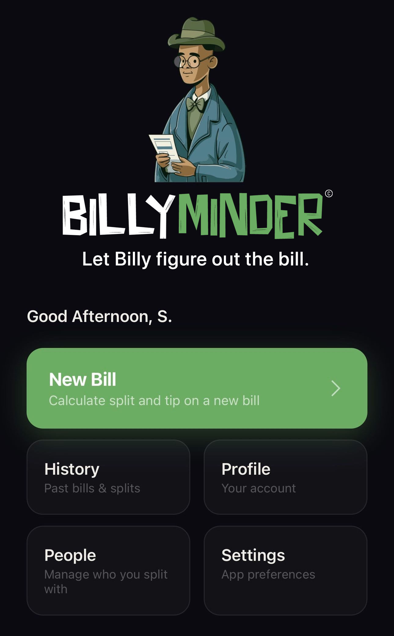 Billy Minder app showing a split bill summary