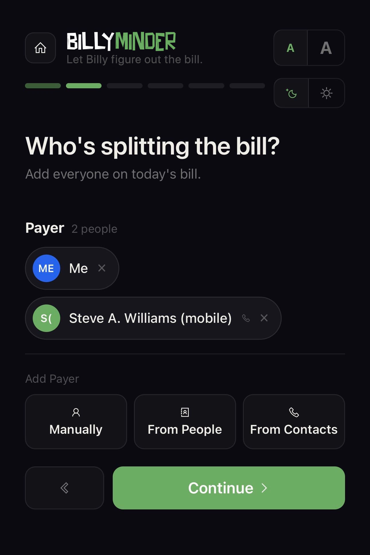 Billy Minder contacts and group screen